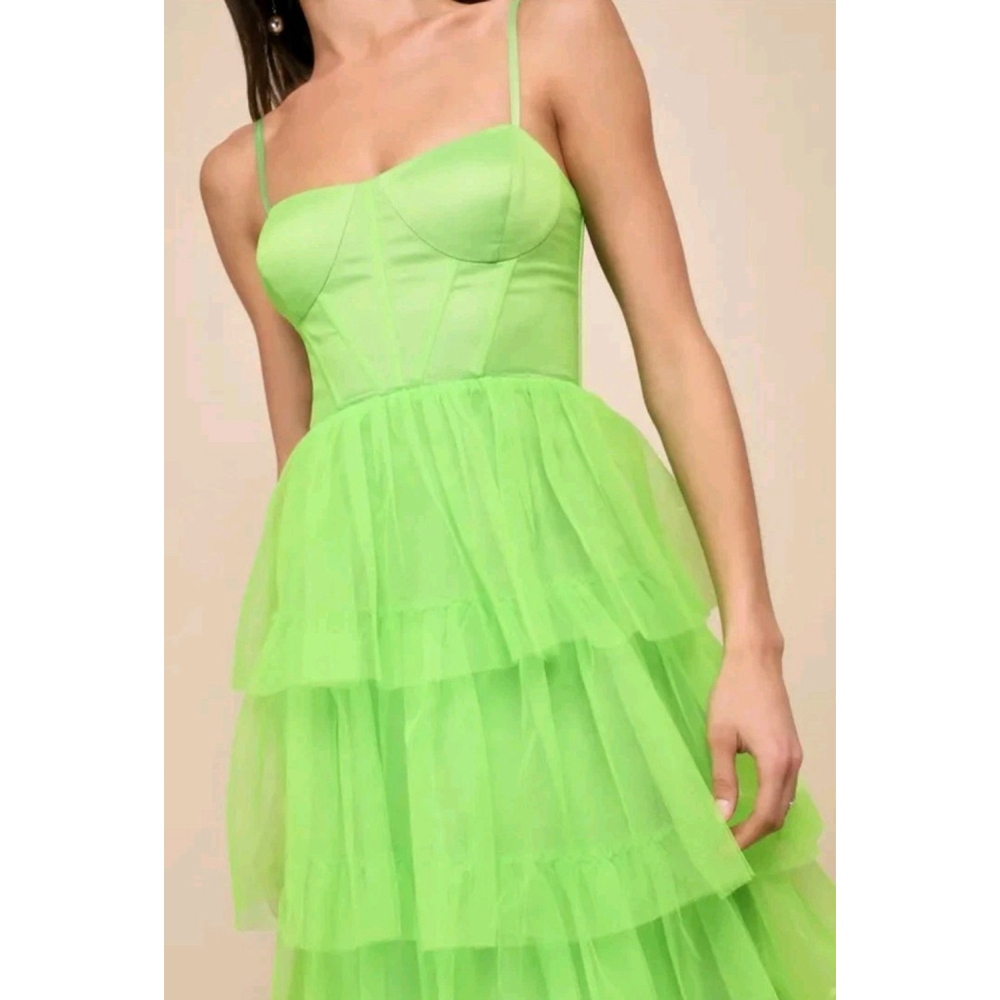 NWT $128 Lulus Rule the Runway Lime Green Tulle Tiered Maxi Dress Womens L - Picture 4 of 10